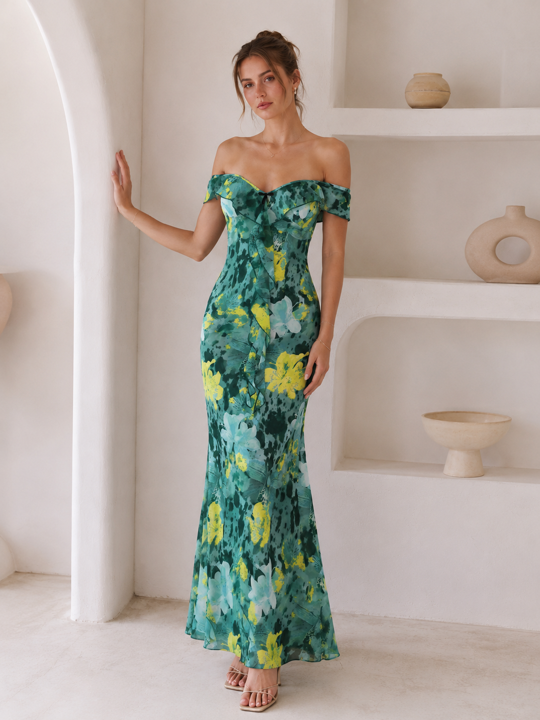 Tie Strapless Ruffled Print Sexy Bodycon Maxi Dress
