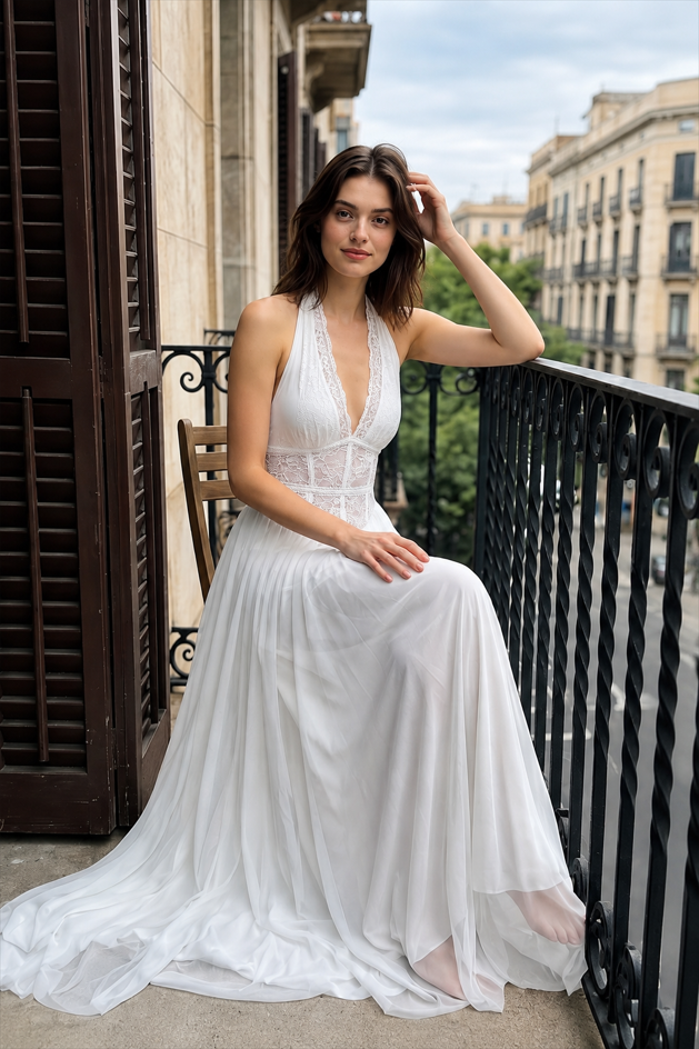 Solid Halter V Neck Boning Waist Mesh Maxi Dress