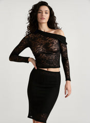 Skew Collar Lace Crop Sheer Top