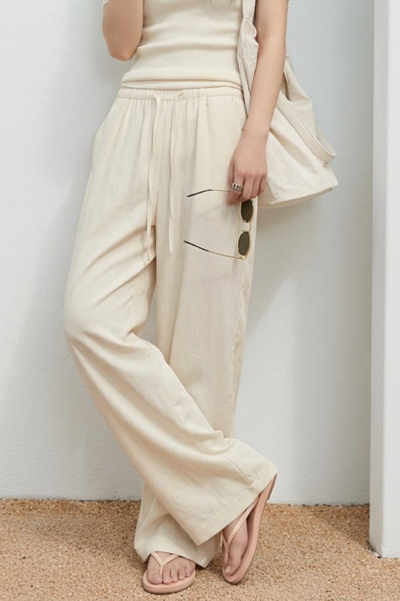 Relaxed Washed Linen Wide Leg Drawstring Pants