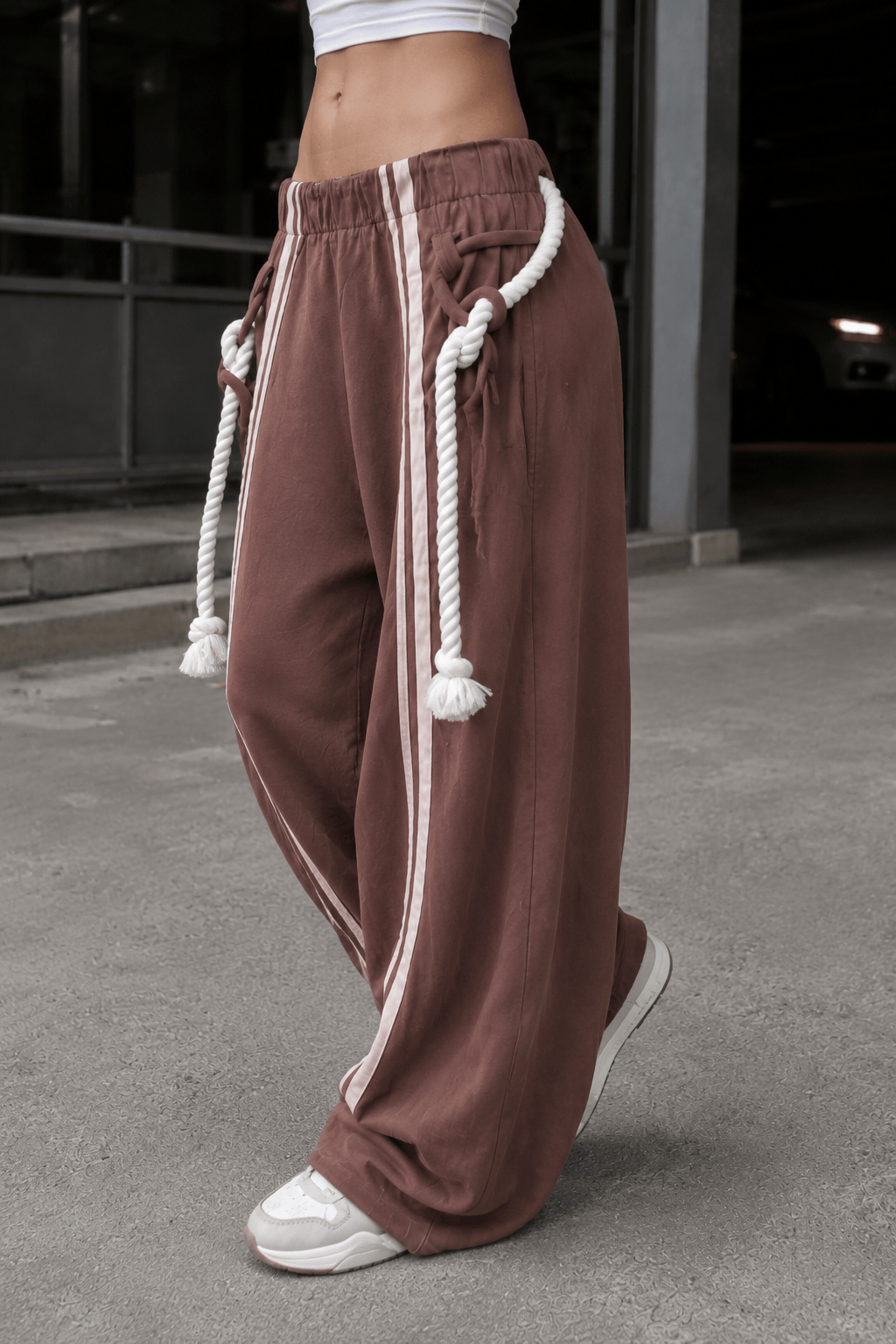 Striped Belted Wide Leg Cargo Pants