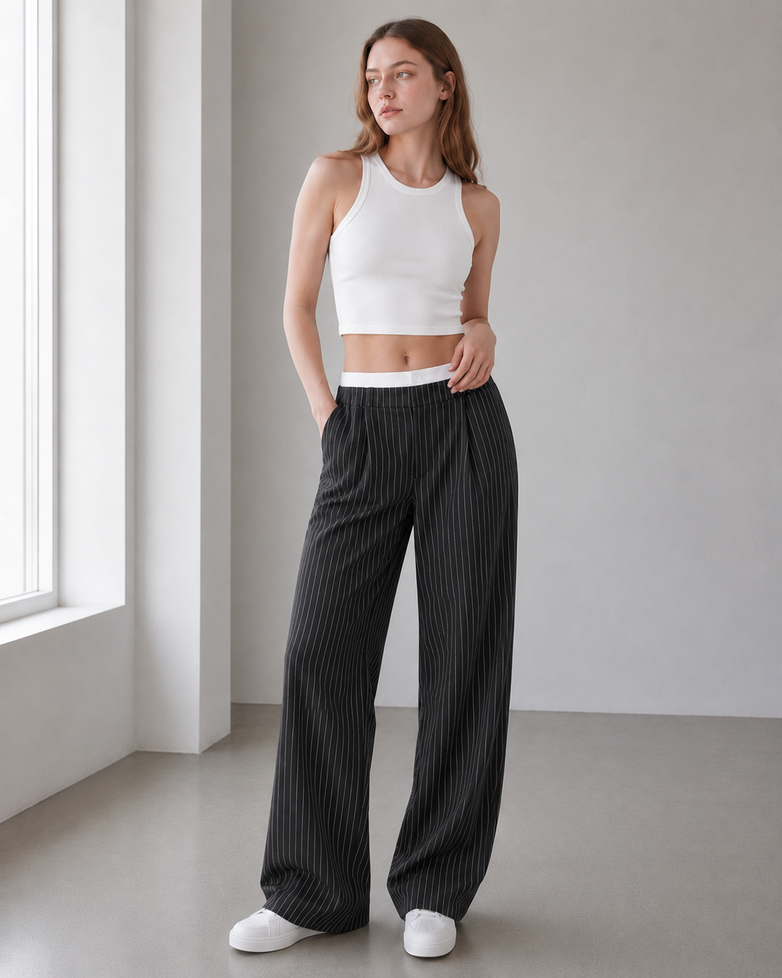 High Waist Patchwork Drapey Straight Leg Pants
