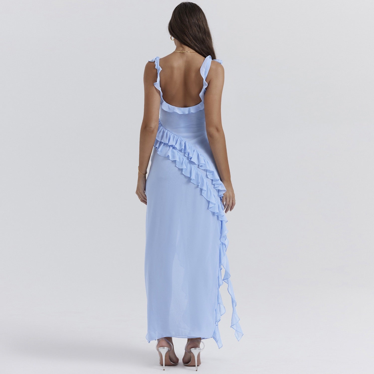 Asymmetric Multi Strap Ruffle Detail Maxi Dress