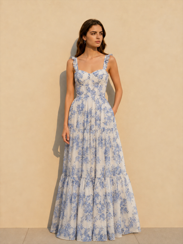 Floral Print Sleeveless Backless Lace-up Floral Dress