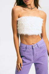 Fuzzy Off Shoulder Zipper Backless Tube Crop Top
