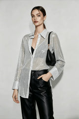 Sequin Collared Long Sleeve Glamorous Blouse