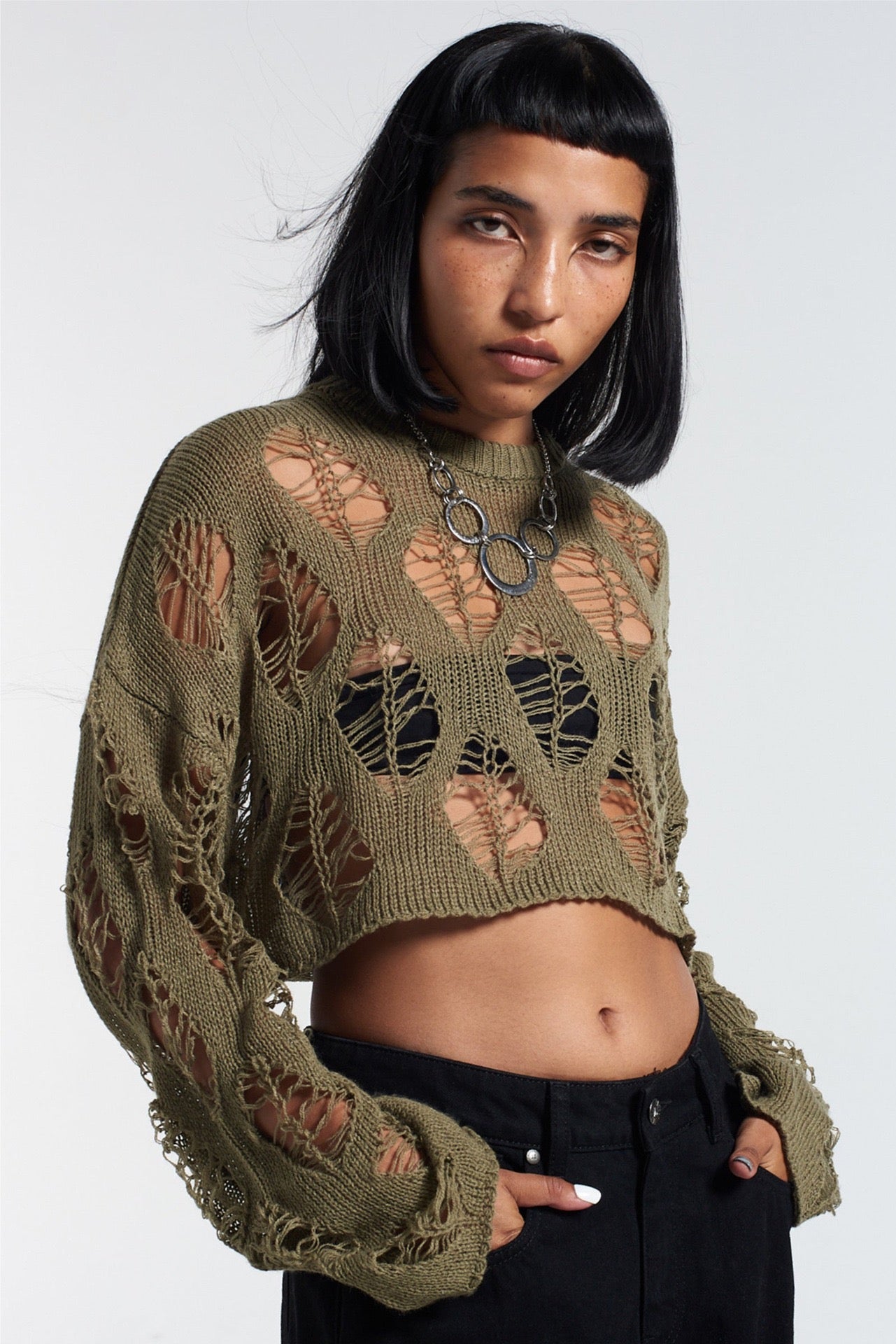 Round Neck Ripped Open Knit Long Sleeve Top