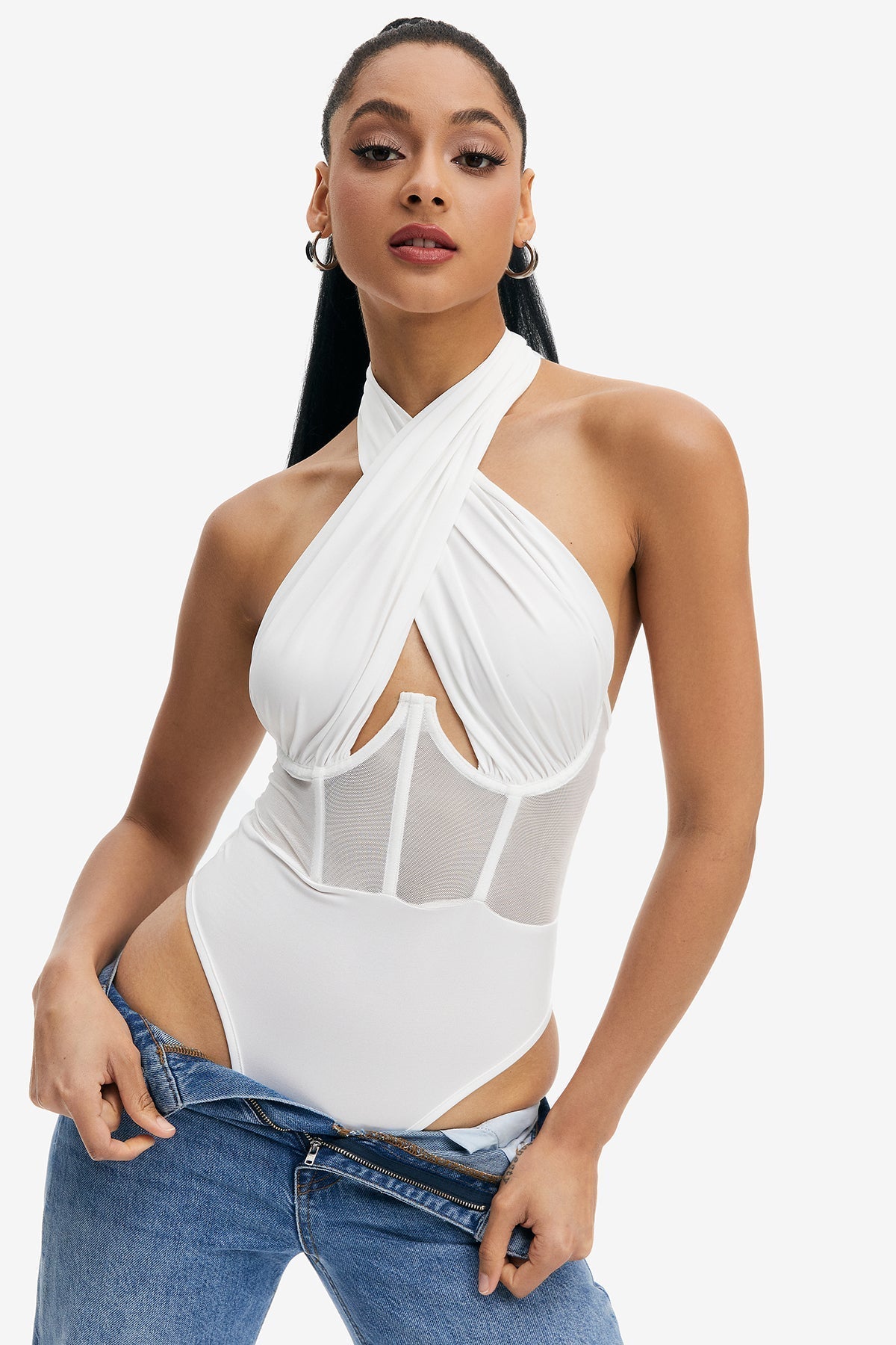 Crisscross Neck Mesh Splicing Boning Backless Bodysuit