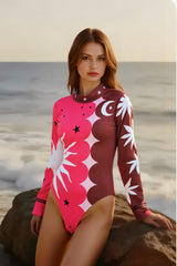 Long Sleeve Zipper Vintage Print One Piece Swimwear