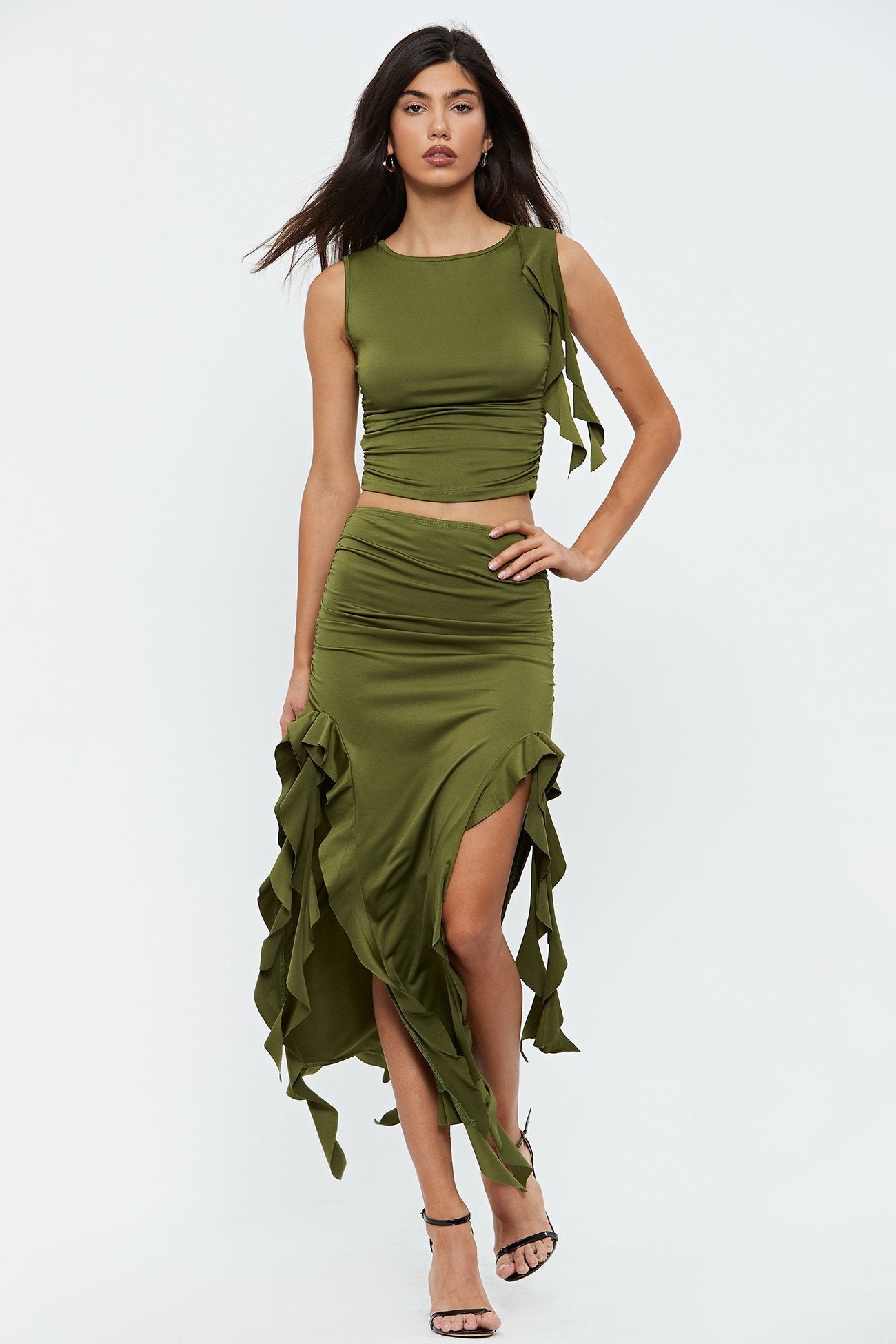 Ruffle Trim Sleeveless Crop Top & Split Hem Skirt Set