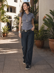 Blue Plaid Fitted Polo Collar Short Sleeve Blouse