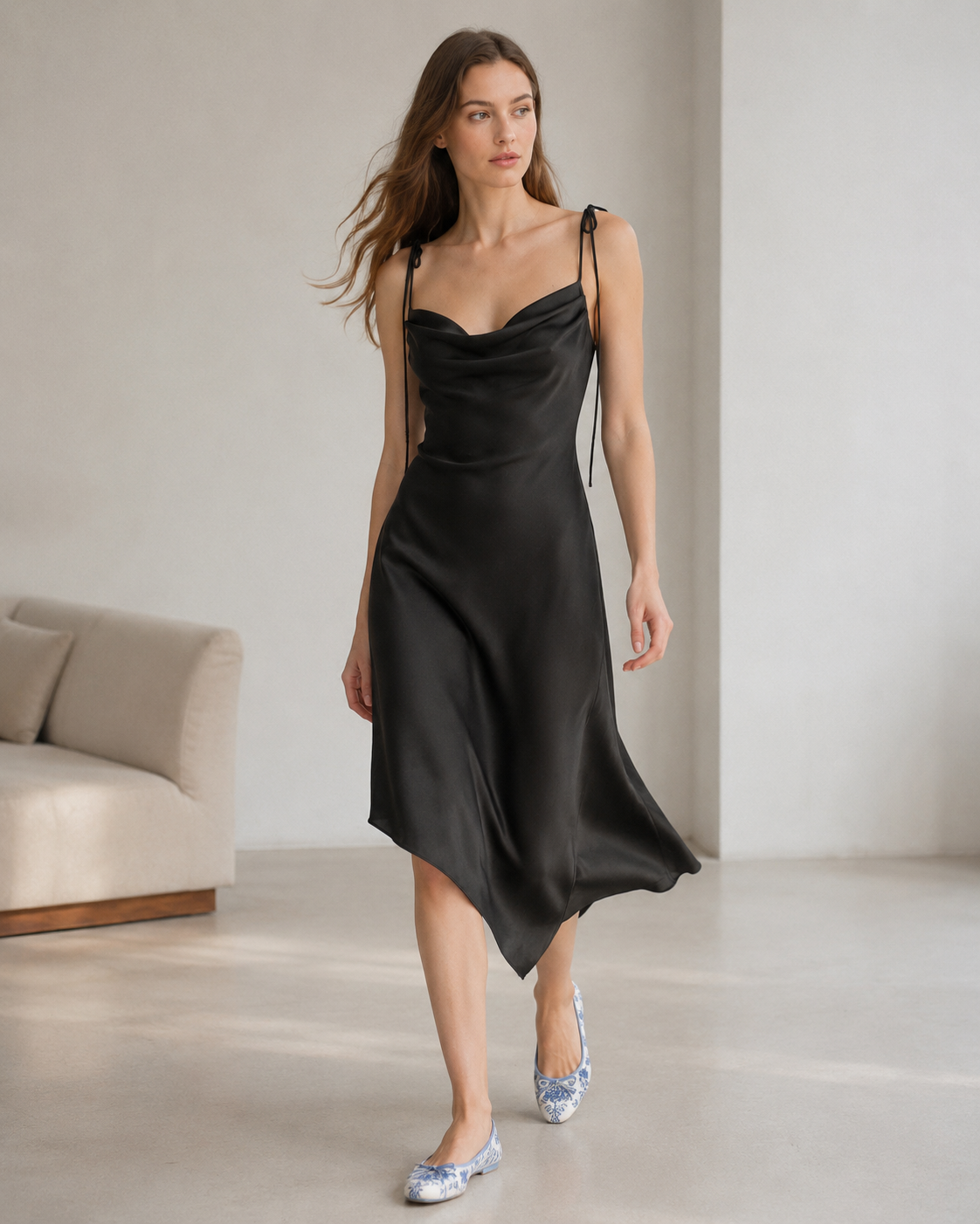 Satin Slip Asymmetrical Ruched Cocktail Dress