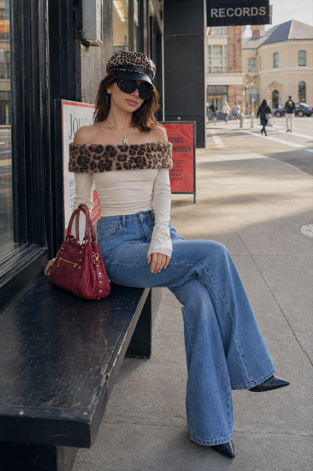 Sexy Asymmetric Fuzzy Off Shoulder Long Sleeve Tee