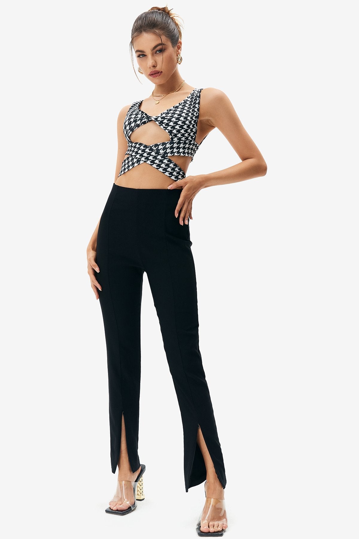 Solid Split Hem High Waisted Pants