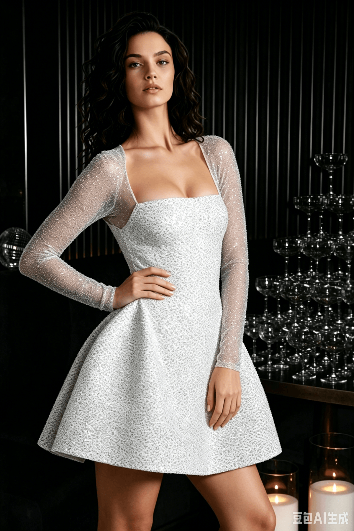 Luxury Sequin Long-Sleeve A-Line Bow Backless Mini Sequin Dress