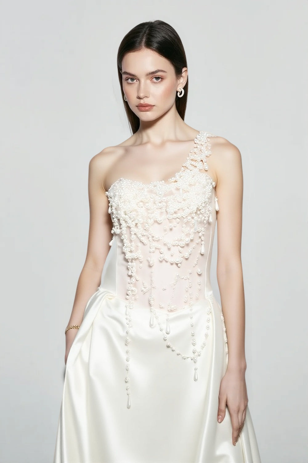 French Strapless Satin Pearl Prom Dress