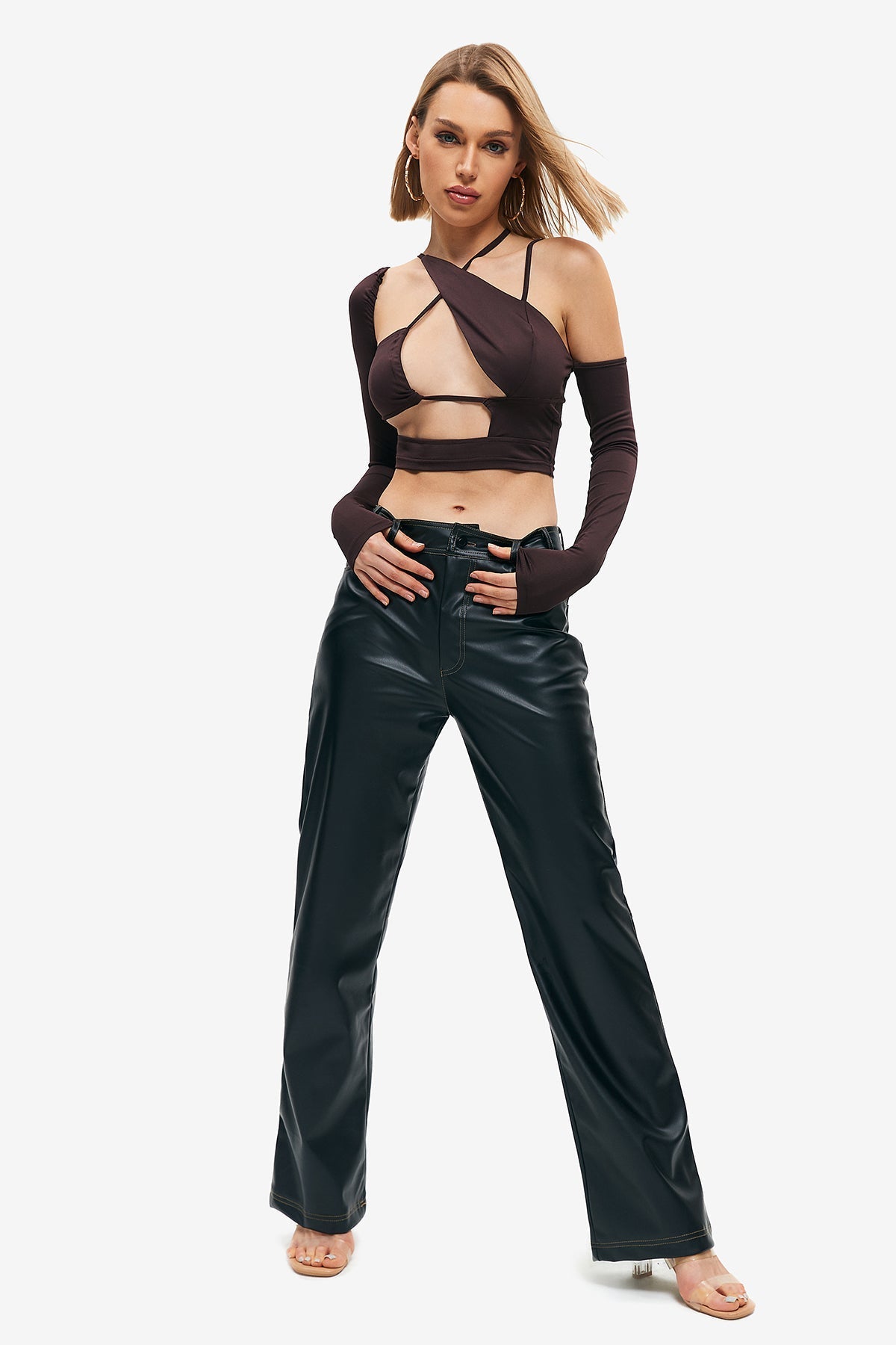 Cut Out Asymmetrical Neck Long Sleeve Top