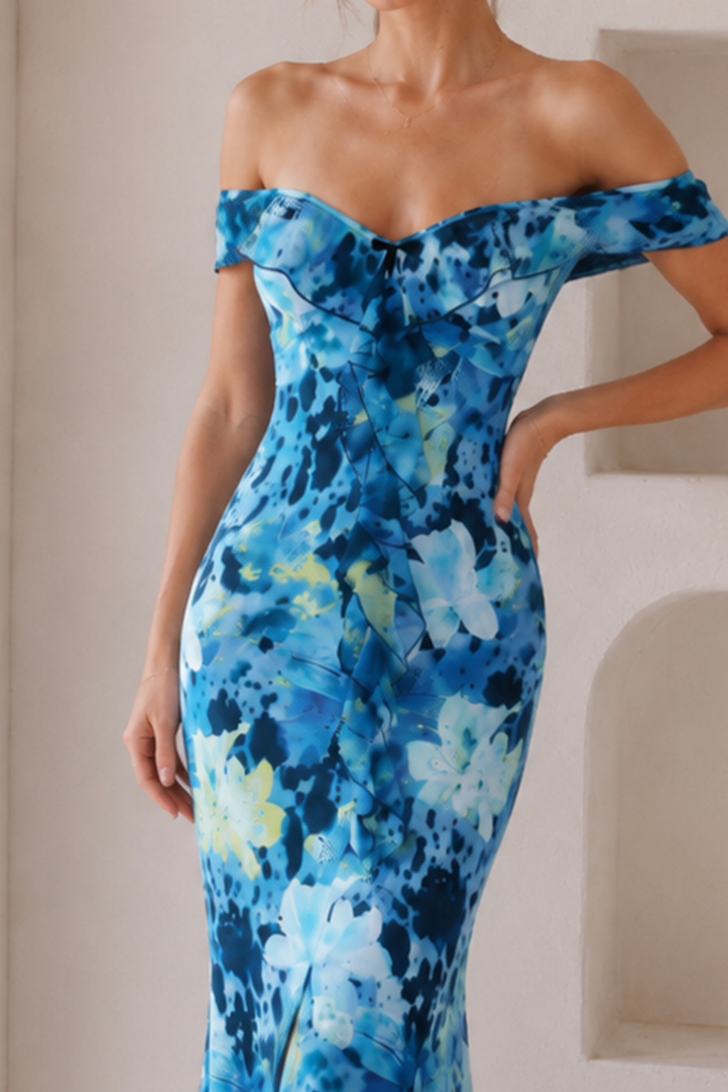 Tie Strapless Ruffled Print Sexy Bodycon Maxi Dress