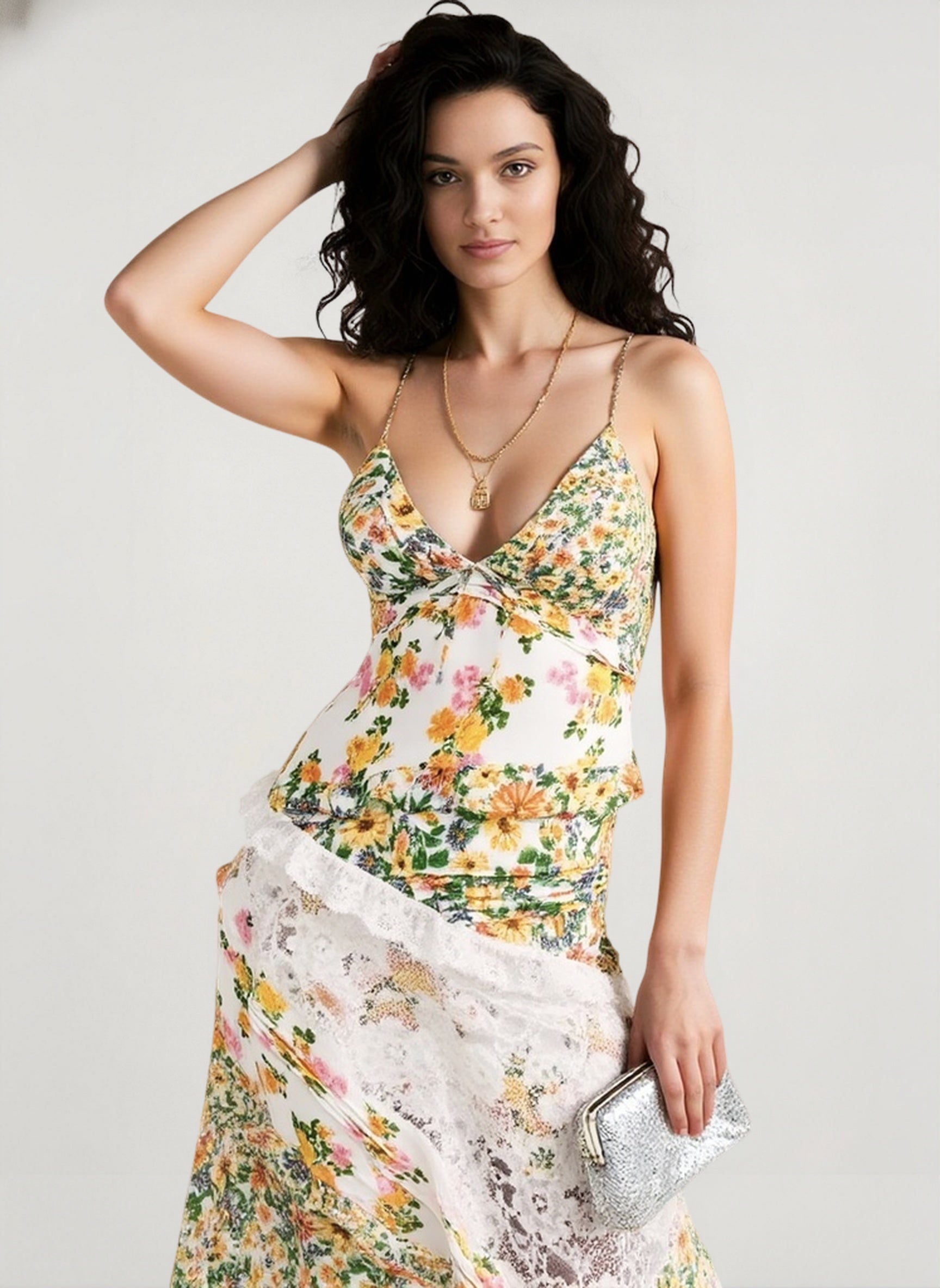 Deep V Ruffle Floral Lace Patchwork Cami Maxi Dress