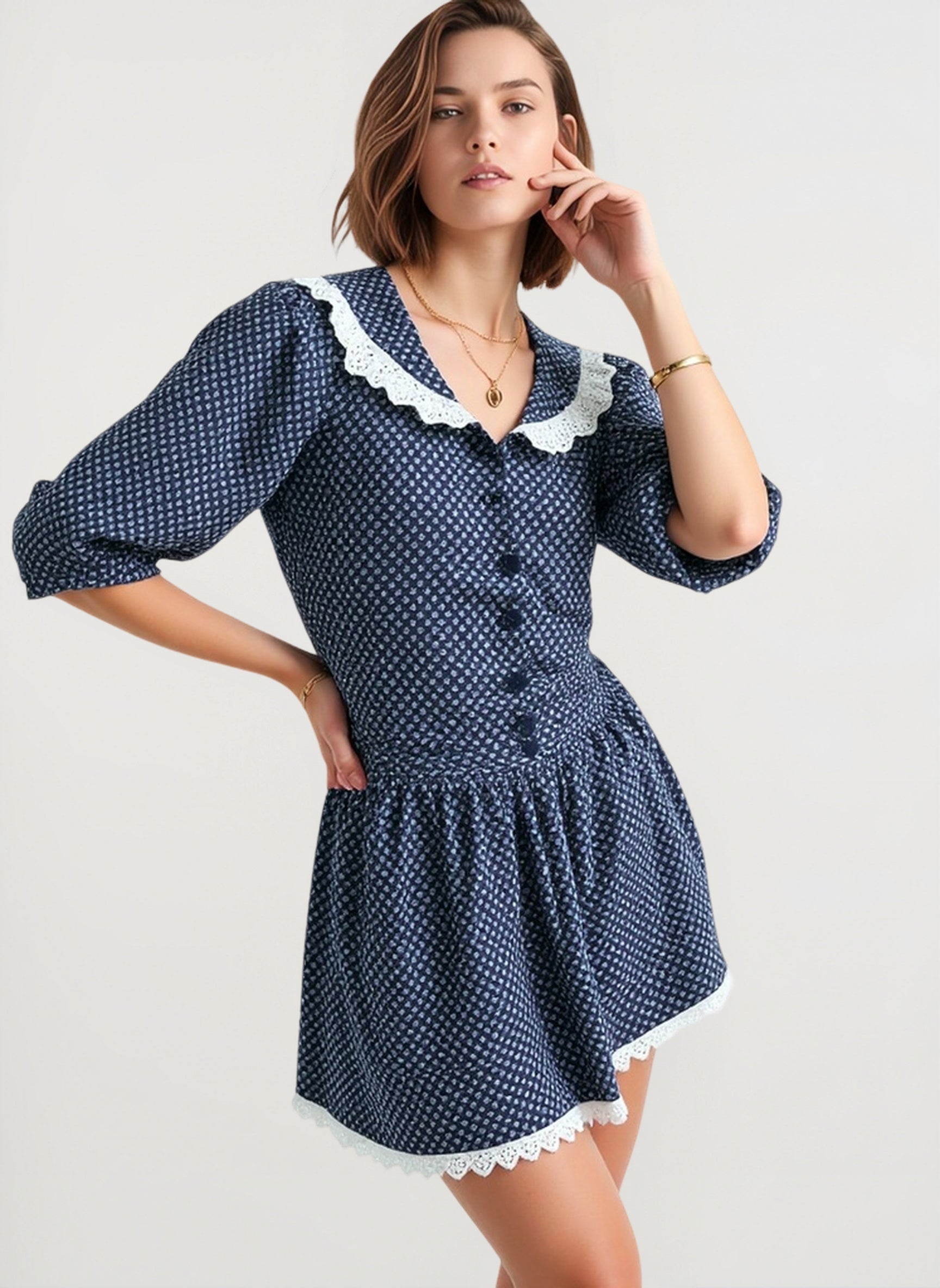 Vintage Polka Dot Peter Pan Collar Puff Sleeve Mini Dress