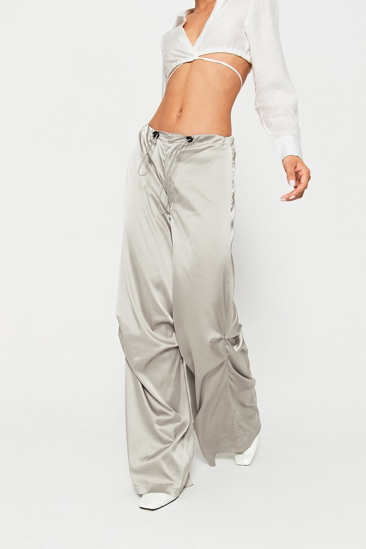 Satin Drawstring Waist Ruched Wide Leg Pants