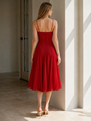 3D Flower Deep V Patchwork Spaghetti Strap Romantic Midi Dress