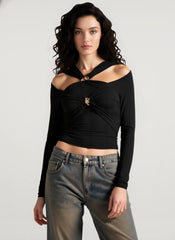 Printed Slim Fitted Crew Neck Cropped Long Sleeve Crop Top