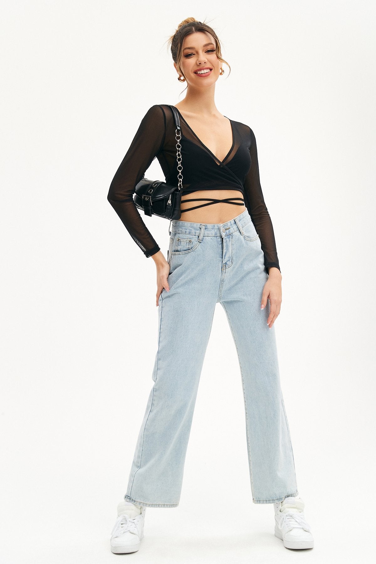 Mesh V Neck Crisscross Tie Crop Top