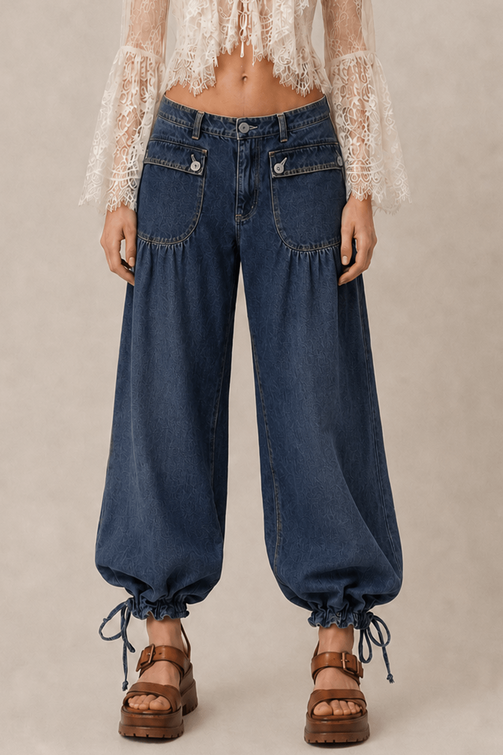Loose Cuffed Ruched Tie Jeans