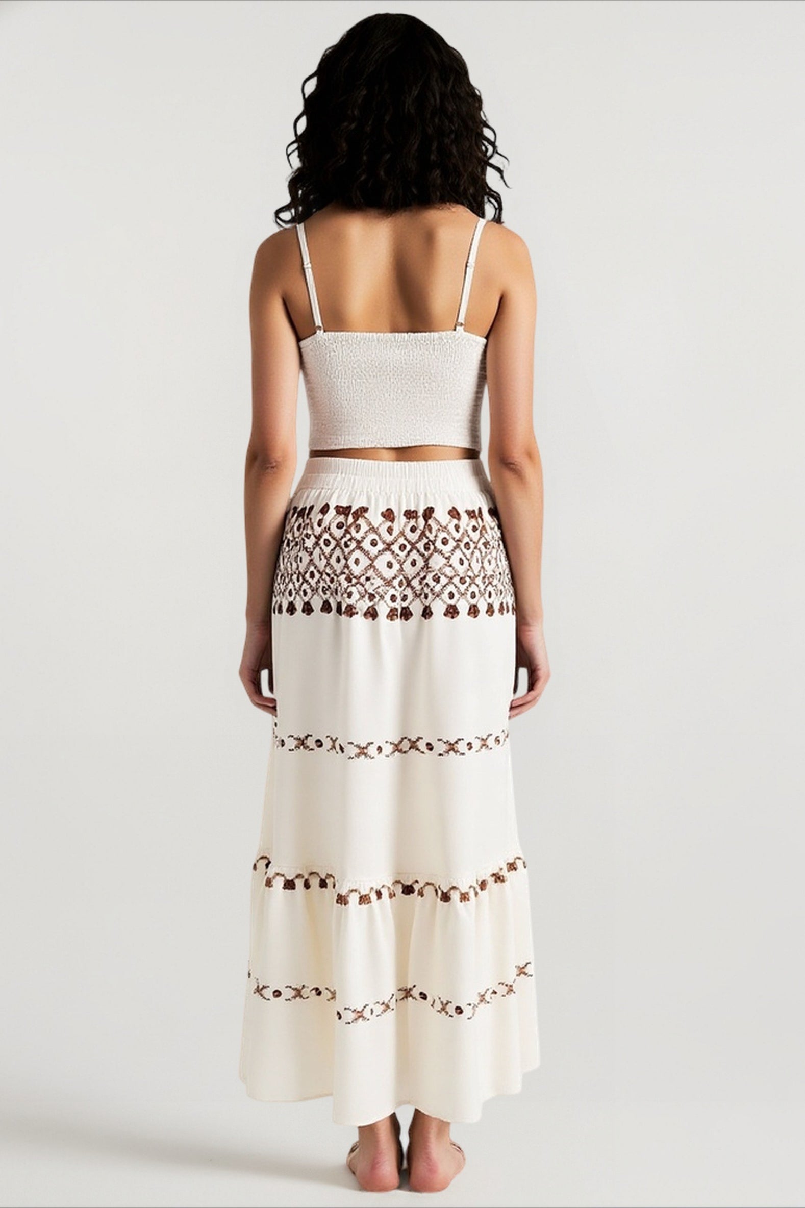 Bohemian vacation positioning printed beach women's suit, fringed webbing suspender top skirt two-piece set