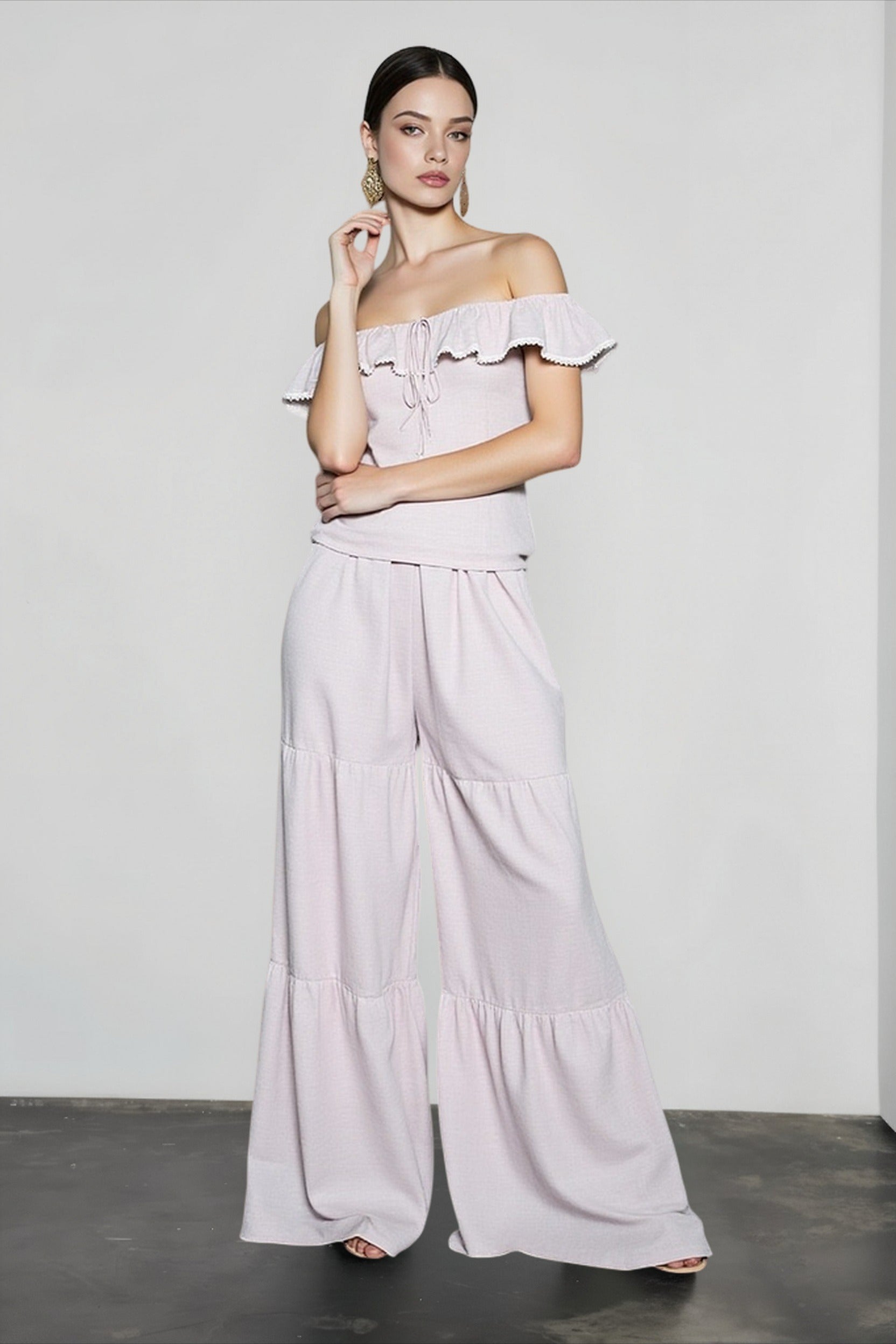 Ruffle Off Shoulder Top Pants Vacation Set