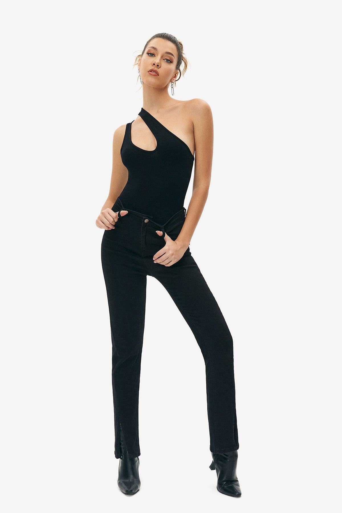 One Shoulder Cut Out Solid Bodysuit