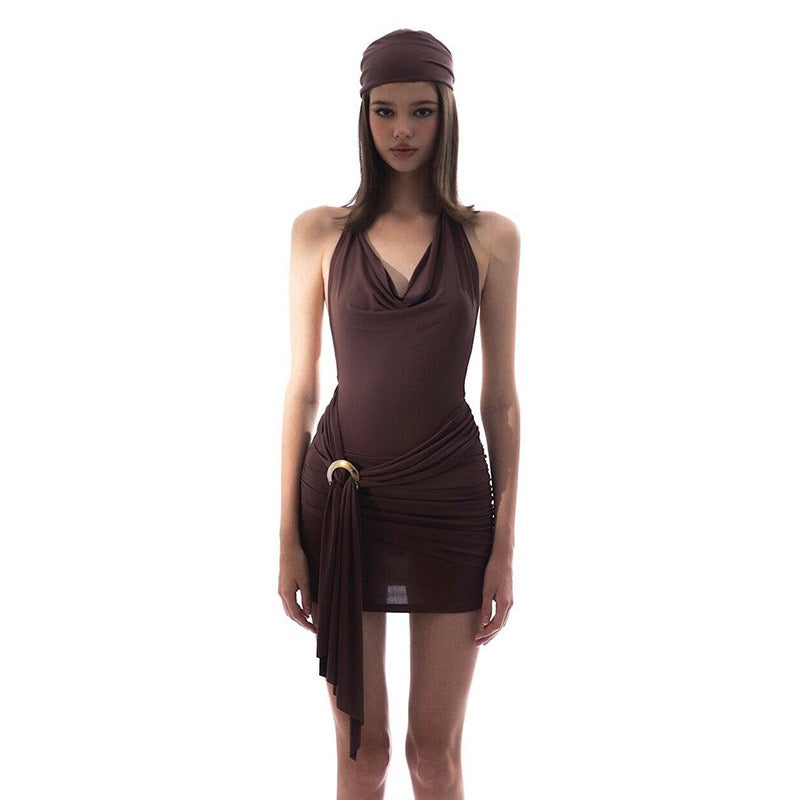 Heart Detail Cowl Neck Mini Dress in Brown
