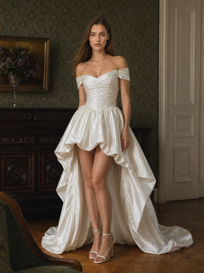 Satin Off Shoulder High Low Reception Dress