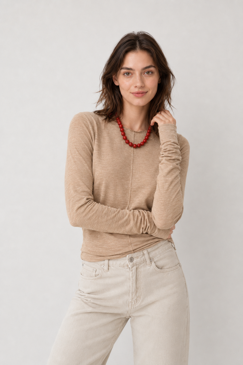 White Crew Neck Knit Panel Long Sleeve Tee