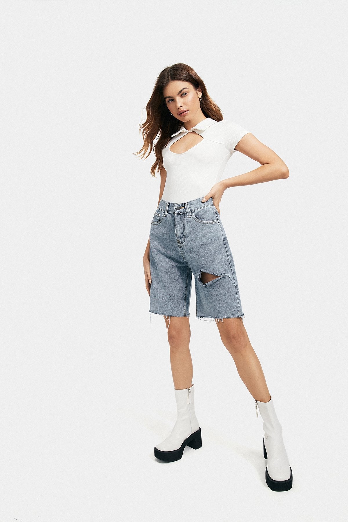 Lapel Neck Cut Out Short Sleeve Solid Bodysuit