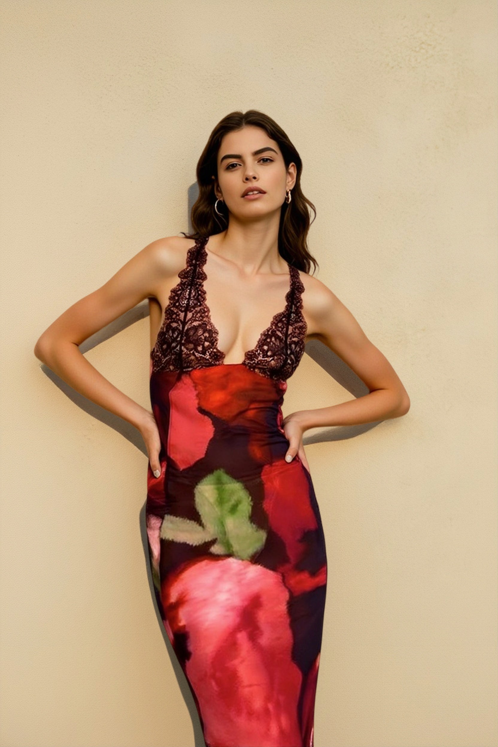 Printed Lace Panel Low Back Vacation Dress