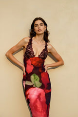 Printed Lace Panel Low Back Vacation Dress