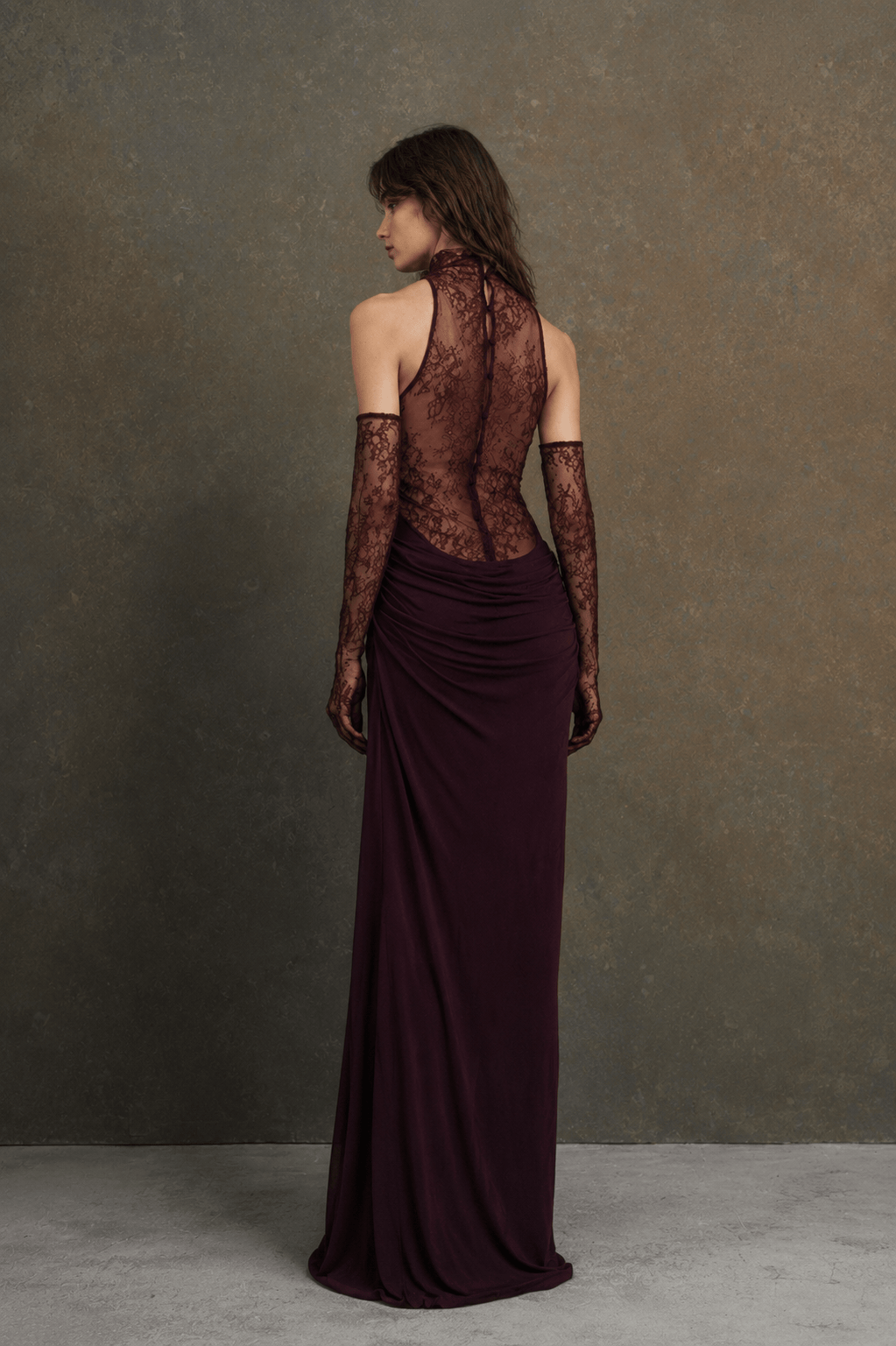Lace Panel Halterneck Deep V Ruched Party Dress