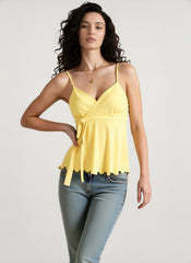 V Neck Waist Tie Wavy Hem Cami Top
