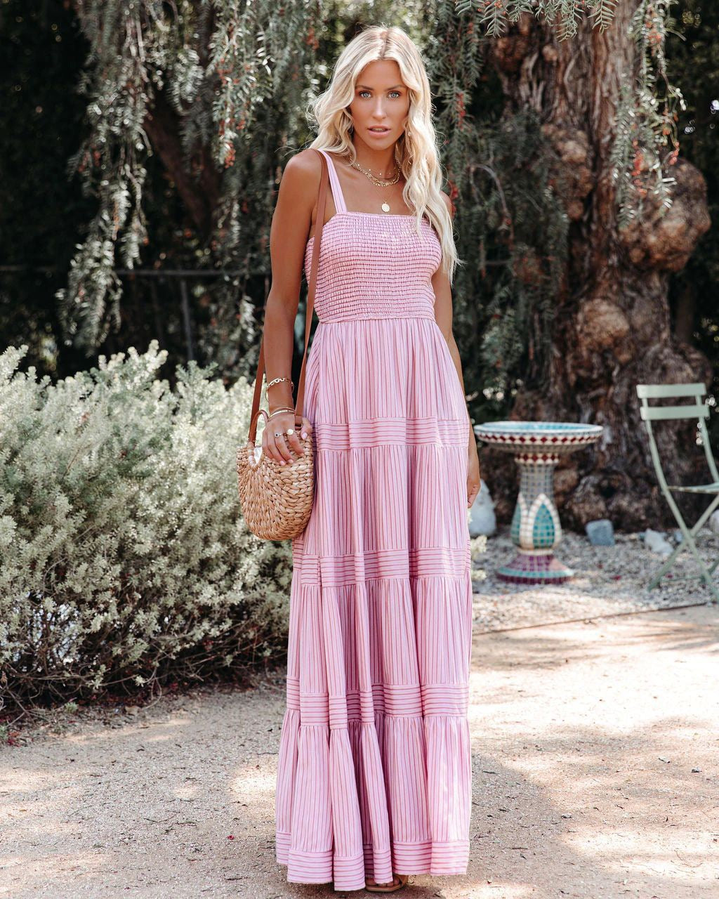 Pinstripe Shirred Backless Long Cami Dress