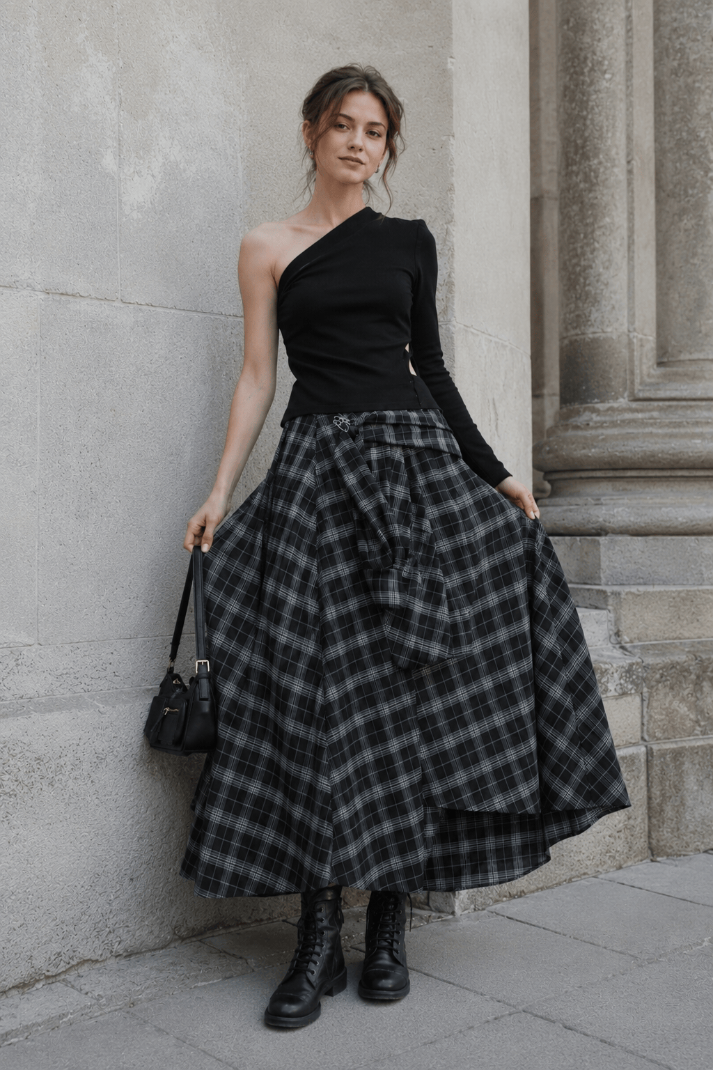 Asymmetrical Black White Plaid Slim-Fit Skirt