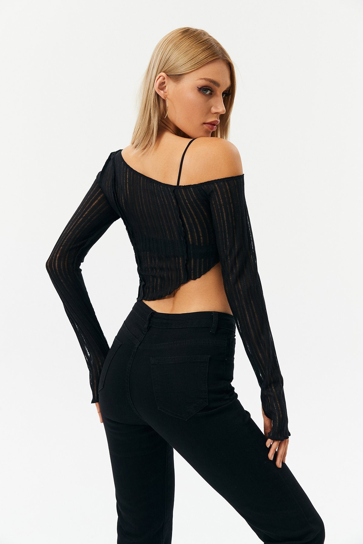 Asymmetric Hem Lettuce Trim Long Sleeve Top
