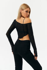 Asymmetric Hem Lettuce Trim Long Sleeve Top