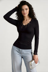 Vintage Lace Patchwork Fairy Grunge V Neck Long Sleeve Slim Fit Black T-shirts