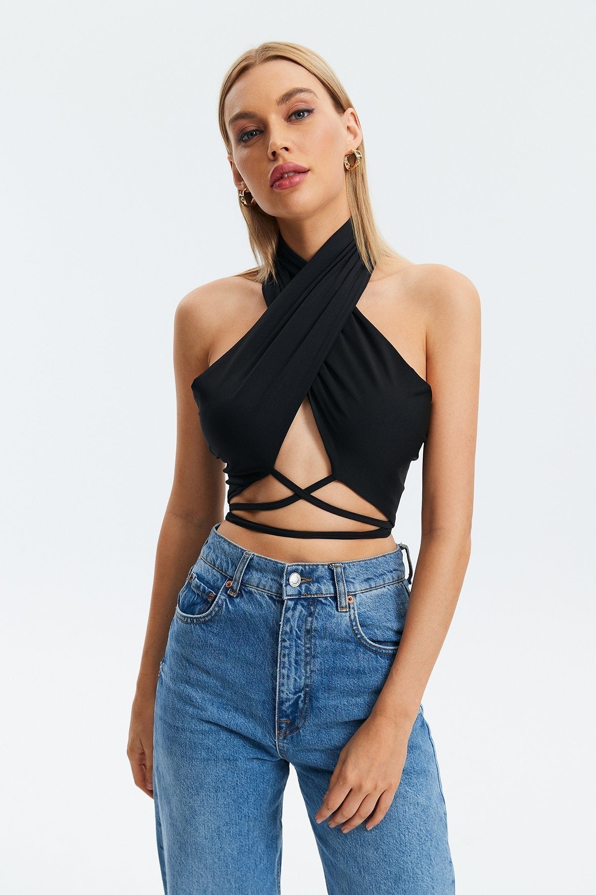 Cut Out Cross Wrap Halter Neck Tank Top