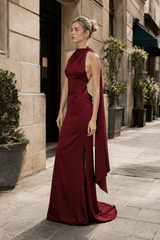 Halter Satin Elegant Solid Color Prom Dress