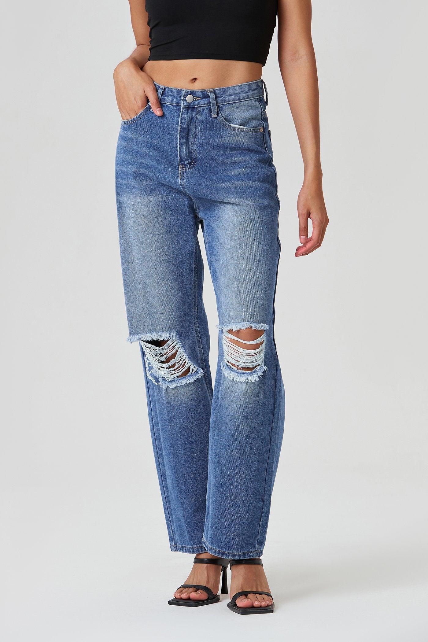 Low Waist Ripped Washed Dual Pocket Straight Pants
