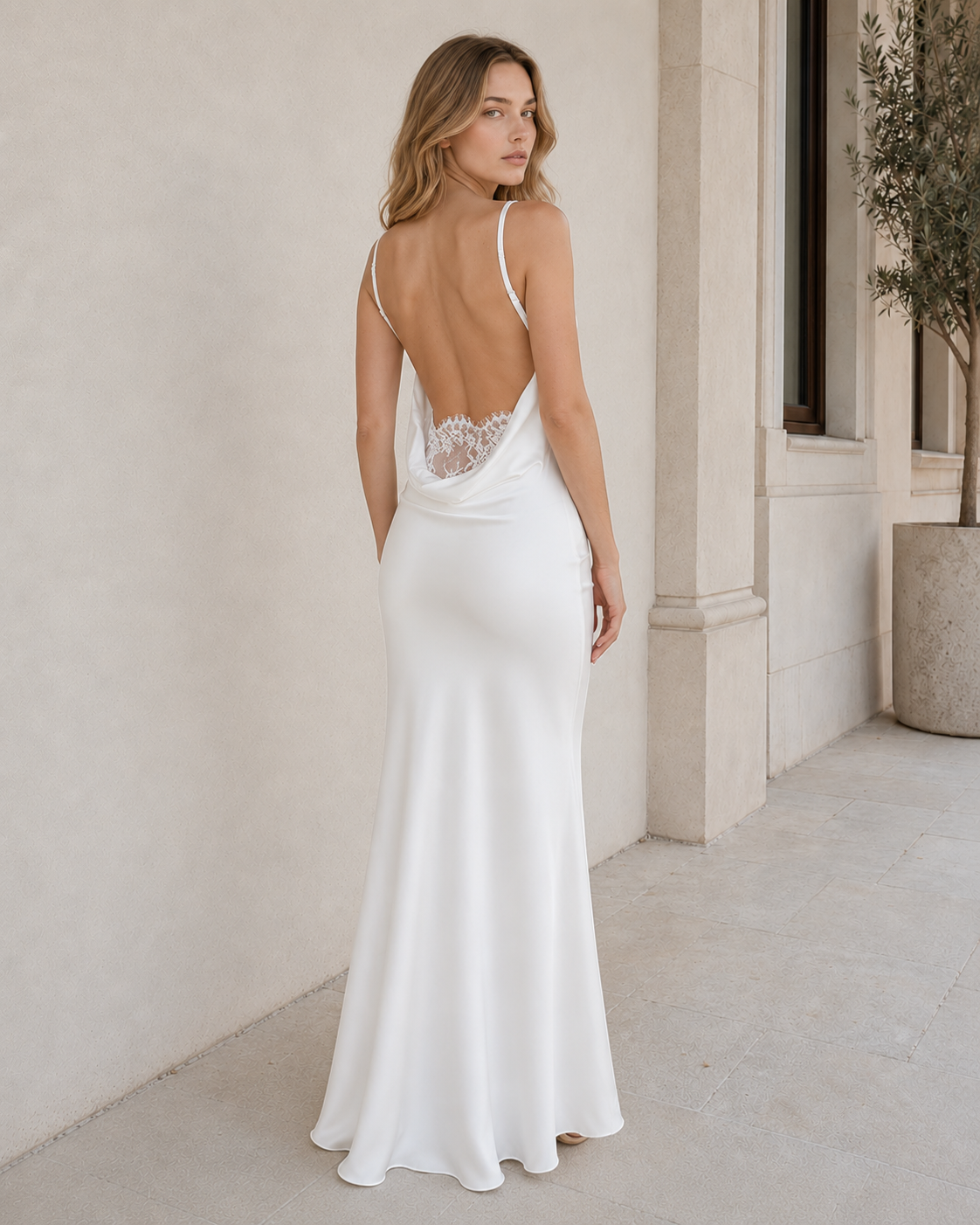 Solid Cowl Neck Backless Lace Patchwork Maxi Dress