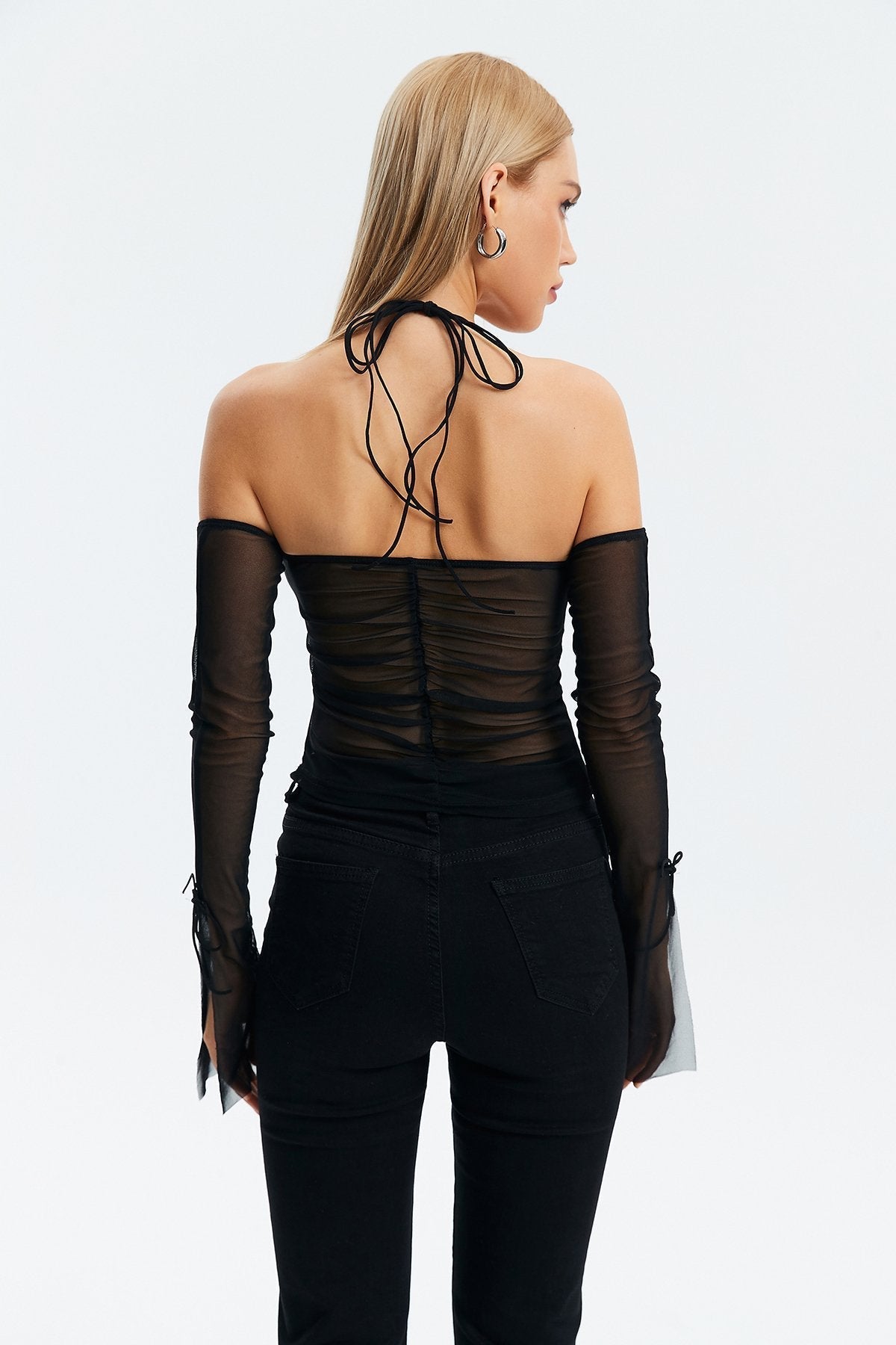 Lace Up Halter Neck Mesh Splicing Long Sleeve Top